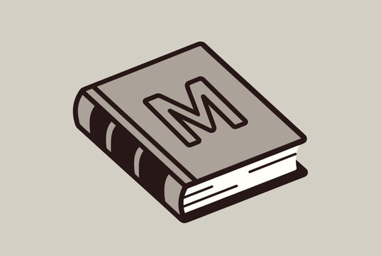 Hardcover book with the letter M on its cover depicted in a classic isometric perspective with a neutral background color.
