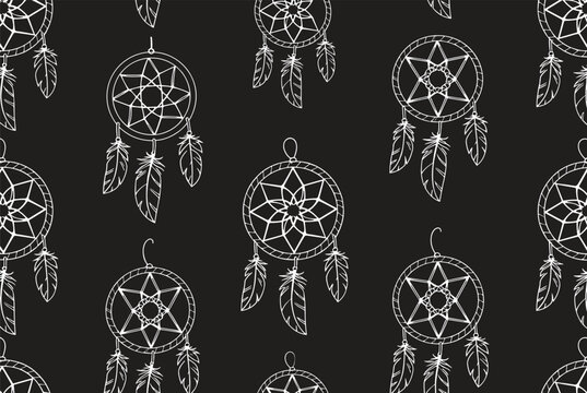Seamless pattern featuring white hand drawn dreamcatchers with delicate feathers is arranged neatly across a solid black background.