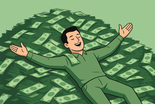 Happy man lying back and relaxing on an enormous pile of cash with arms wide open signifies great wealth and financial success.