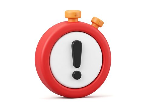 3D render of a red stopwatch timer featuring an exclamation mark symbol, a red stopwatch clock icon