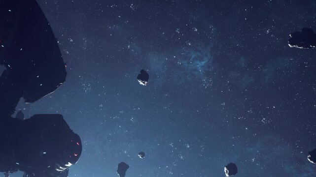 The image shows a dark sky filled with stars and asteroids. The scene appears to be in space, with floating rocks visible in the distance.