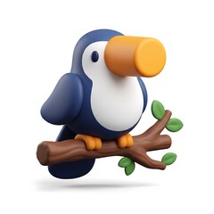 Fototapeta premium 3D render of a cute toucan bird perched on a branch with tropical bird large beak wooden branch cute animal