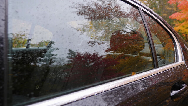 Raindrops and Autumn Foliage Reflections on a Car Window during a Rainy Fall Day