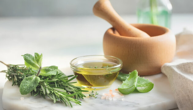 Herbal ingredients and a mortar and pestle on a white surface.