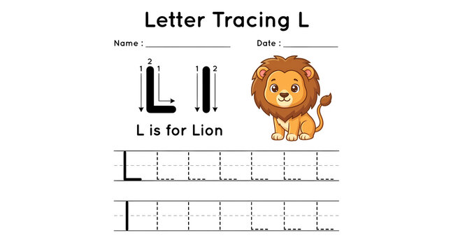 Letter L tracing worksheet for kids with friendly lion illustration for learning alphabet.