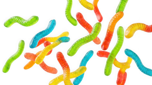 Colorful gummy worms candy assortment in various vibrant colors on transparent background