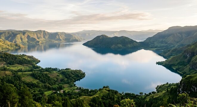 Lake Toba, North Sumatra, Indonesia, vast volcanic lake surrounded by green hills, Samosir Island visible in the distance