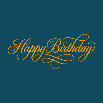 Elegant golden cursive happy birthday lettering isolated on a dark blue background for festive greeting cards and party invitations