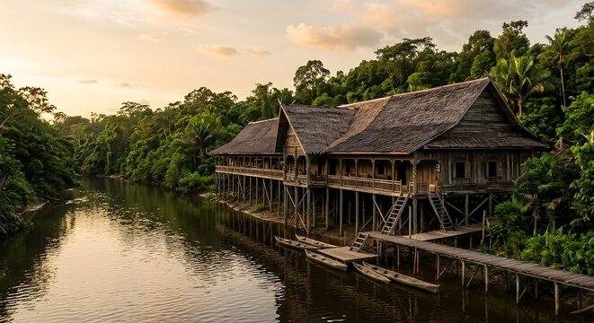 Dayak longhouse along a river in Kalimantan, Indonesia, wooden stilted architecture, dense rainforest backdrop, warm golden-hour light, documentary travel photography, no visible people