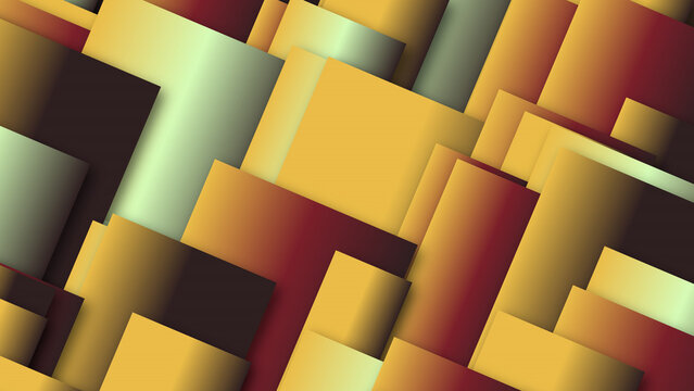 Dynamic geometric arrangement of overlapping squares and rectangles in warm autumn tones creating artistic depth