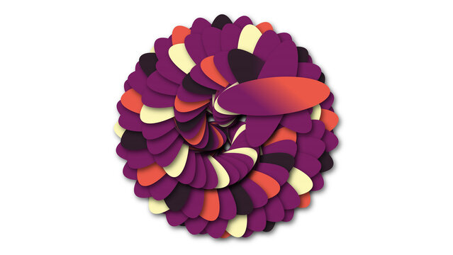 Dynamic spiral composition created by overlapping colorful oval shapes in shades of purple orange and yellow
