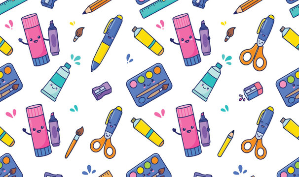 Cute school supplies seamless pattern vector illustration with funny cartoon kawaii stationery pencil scissors glue stick paint brush and palette characters