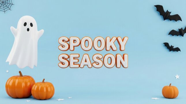 Spooky season halloween illustration with pumpkins and ghosts