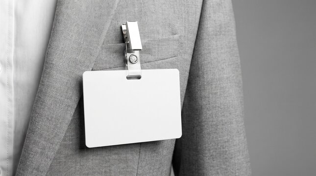 Blank identification badge mockup pinned on professional suit jacket for business conference