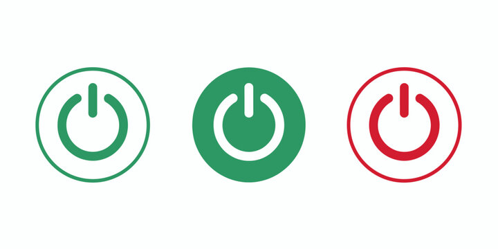 Set of three power button icons with green and red designs