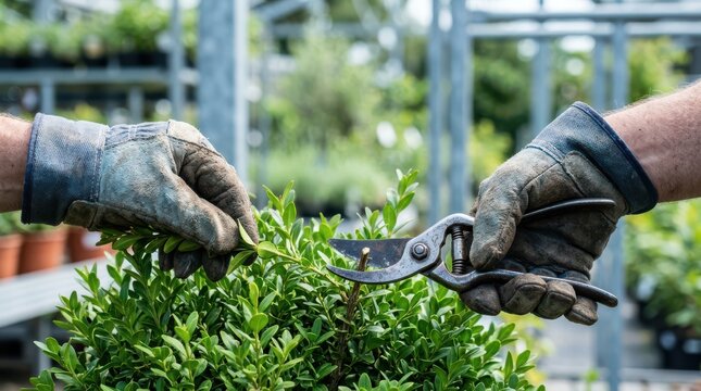 Close-up of hands pruning green bush outdoors