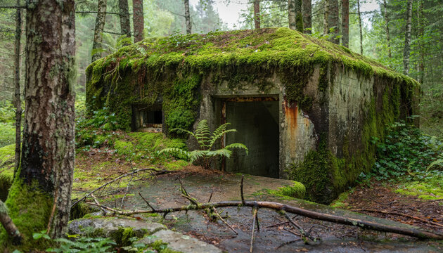 Moss-covered abandoned bunker in a dense forest setting.