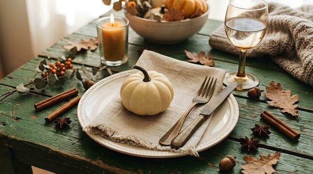 A beautifully arranged thanksgiving table setting evokes warmth and gratitude featuring autumnal colors delicate pumpkins and a cozy inviting atmosphere for a memorable feast