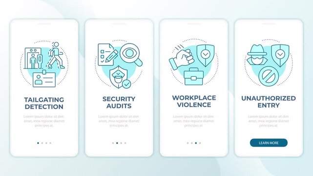 Physical security management animated mobile app onboarding. Corporate threat mitigation strategies. Welcome screen UI. Carousel walkthrough animation with blue monochrome concept icons