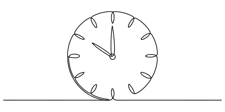 Minimal continuous line drawing of analog clock showing ten o clock time conceptualizing deadline scheduling punctuality and time management on white background.