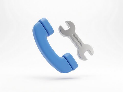3D Blue telephone receiver icon and a metal wrench tool floating against a white background with telephone