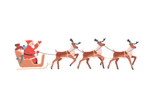 Santa Claus riding a sleigh pulled by three reindeer for Christmas holiday celebration