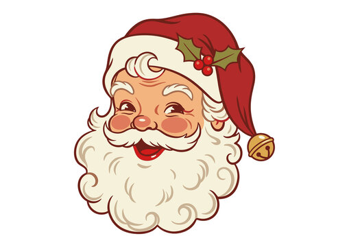 Cute vintage pixel art style Santa Claus face with a red hat and holly berry decoration