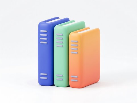3D Three colorful minimalist books standing upright in a row against a clean white background with library books
