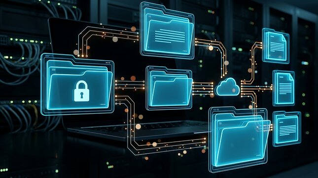 Secure cloud data storage network concept showing glowing virtual folders connected by lines on laptop computer screen inside dark server room environment.