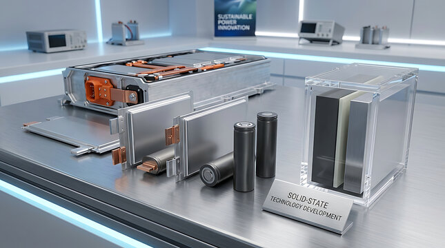 Advanced electric vehicle battery modules and components displayed on a metallic workbench in a clean manufacturing laboratory with electric