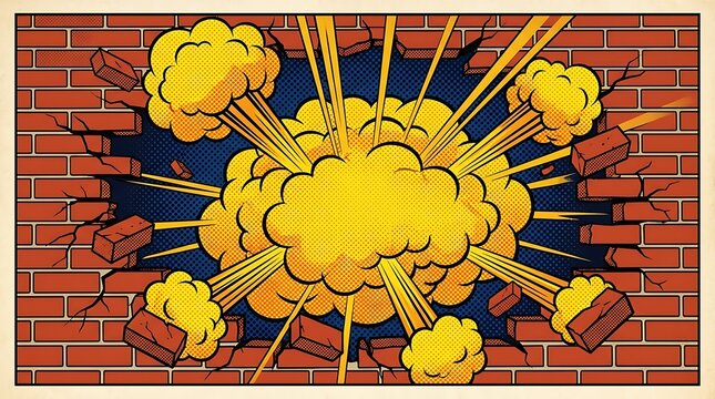 Exploding brick wall in comic book style with yellow smoke clouds, flying bricks, and radiating lines, dynamic effect.