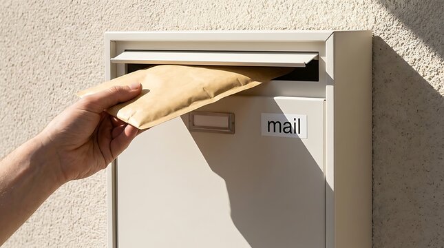 Hand inserting brown envelope into modern beige mailbox on wall, mail delivery, post service, communication, and correspondence.