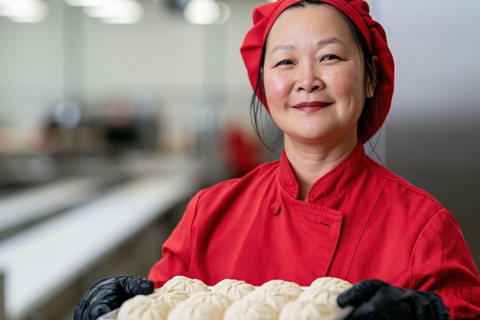Asian baker in red uniform holding tray of steamed buns in commercial kitchen for bakery background and food service banner