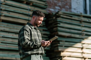 Obraz premium Worker reviewing tablet near stacked timber in lumber yard for workflow monitoring background and site planning poster