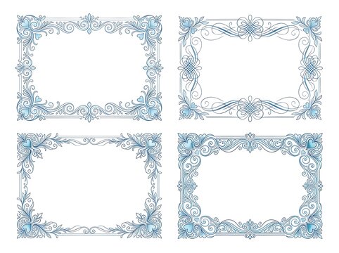 Set of four elegant vintage rectangular frames with decorative floral elements and heart shapes, intricate blue line art design isolated on white background