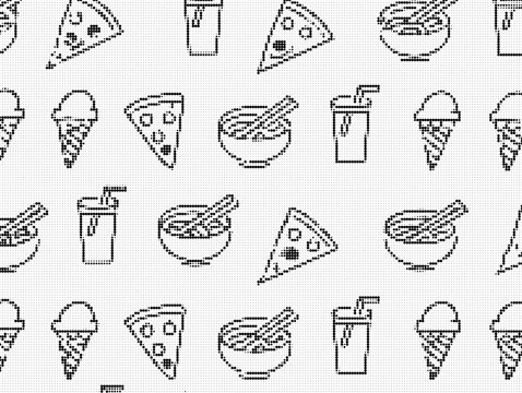 Seamless pattern with fast food icons, pizza slice, ice cream, bowl with noodles, drink cup, halftone dot style illustration