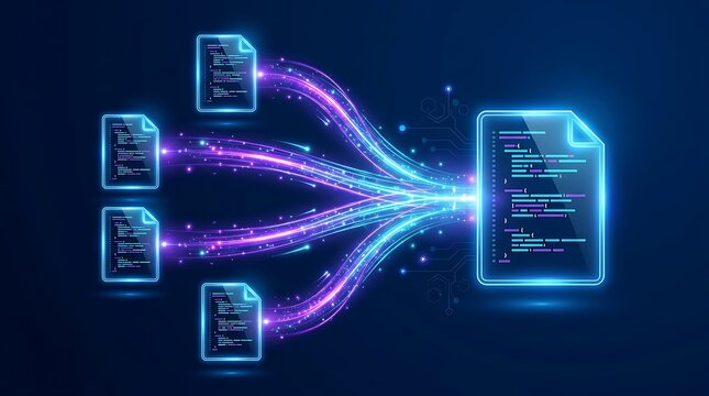 Abstract concept of data merging and integration with glowing lines connecting multiple documents to one final file.