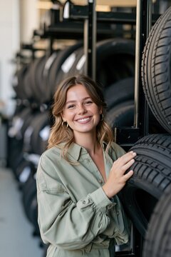 Smiling technician standing by stacked tires in an automotive tire shop holding a tire for service center banner and retail poster