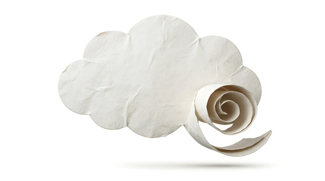 Cloud shaped paper artwork with a swirl and shadow on white background, representing creativity and imagination in abstract form