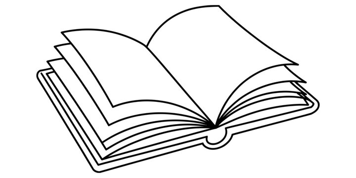 Open book outline illustration featuring multiple white paper pages and black cover lines is suitable for educational library resources and reading icons design.