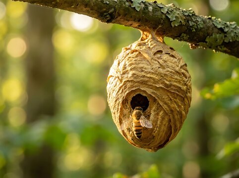 Wasp nest hanging on tree branch with bee entering, showcasing nature, insect life, and habitat in forest setting.