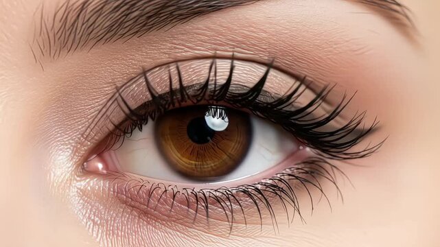 A close-up of a detailed brown eye with long eyelashes and natural beauty.