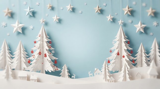 Whimsical winter landscape with paper trees and falling snowflakes on a pastel background