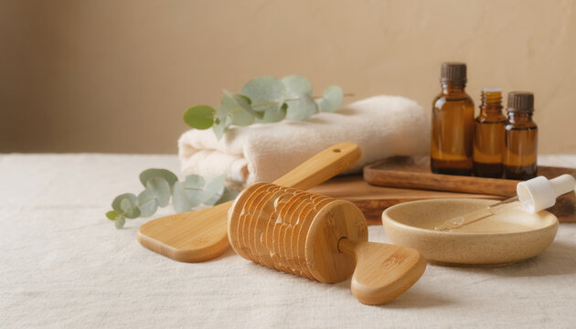 Spa or wellness setup with wooden tools, essential oils, and towels.