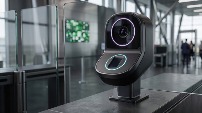 A modern biometric scanning device with facial recognition technology at an airport security checkpoint