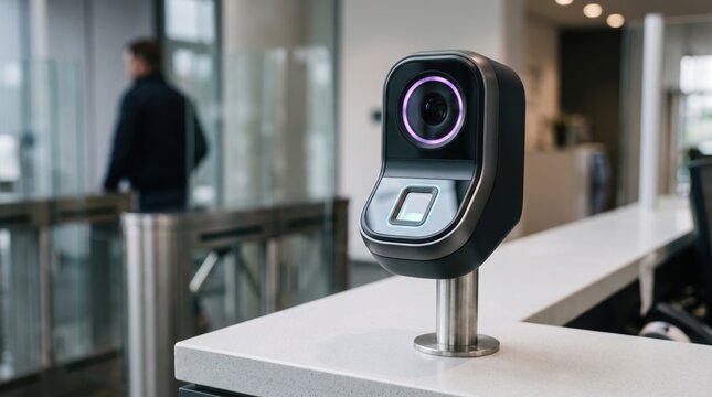 Modern biometric security scanner mounted on a reception desk in a corporate office lobby