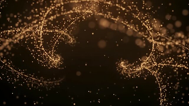 Golden glittering particles swirling in a mesmerizing abstract motion with soft bokeh light effects on a dark background