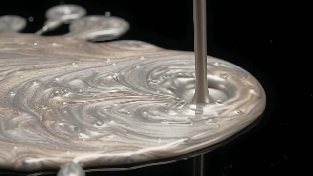 Viscous silver metallic liquid pouring onto dark surface creating abstract fluid swirls and reflective textures