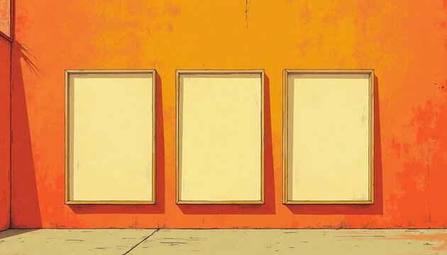 Three blank vertical wooden frames triptych mockup on orange textured retro wall