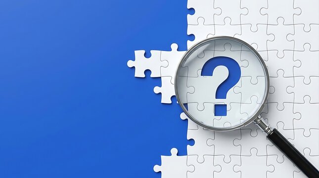 Magnifying glass over blue question mark on incomplete white puzzle pieces against a solid blue background for concept of problem solving.